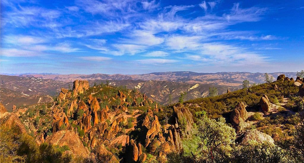 Pinnacles National Park from up on a mountain looking across the landscape.