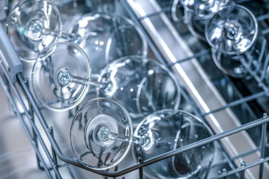 RV dishwasher with wine glasses inside