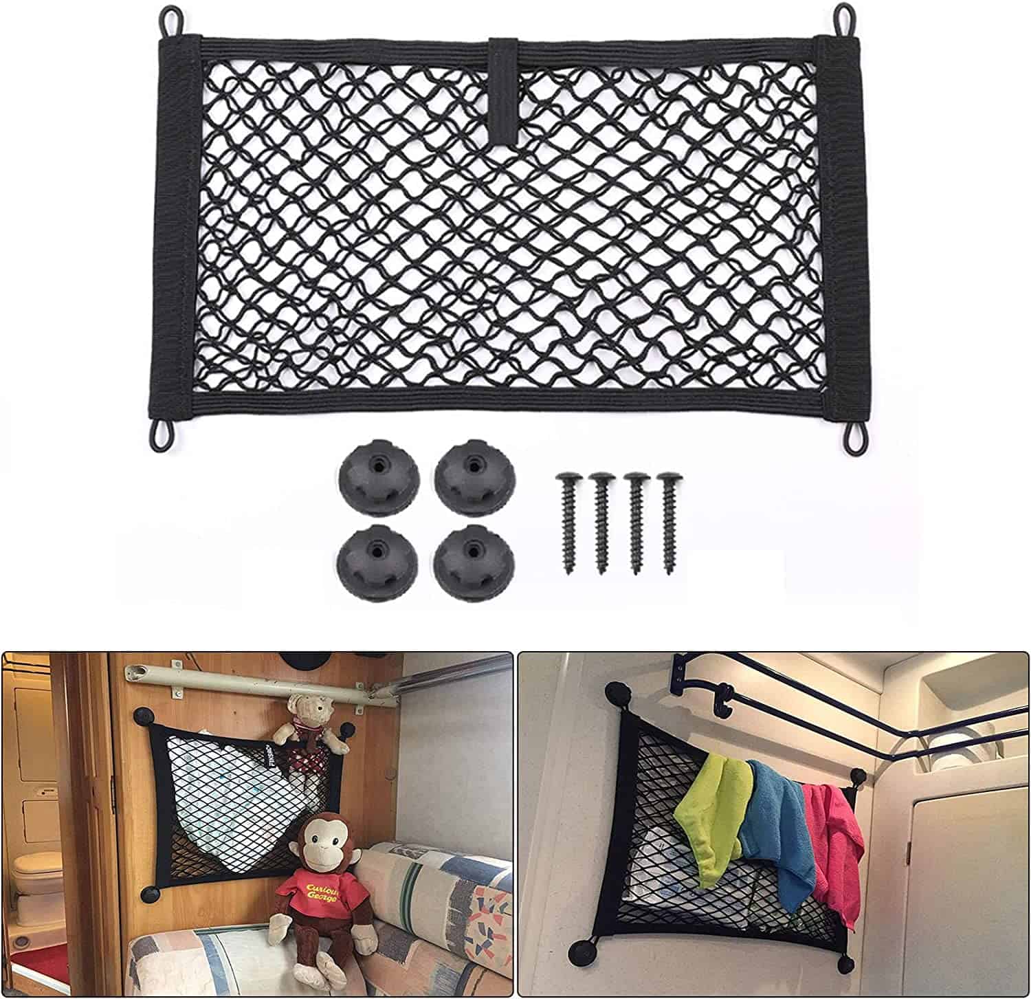 Car cargo net mounted to RV walls holding cleaning supplies, towels, and other clutter.