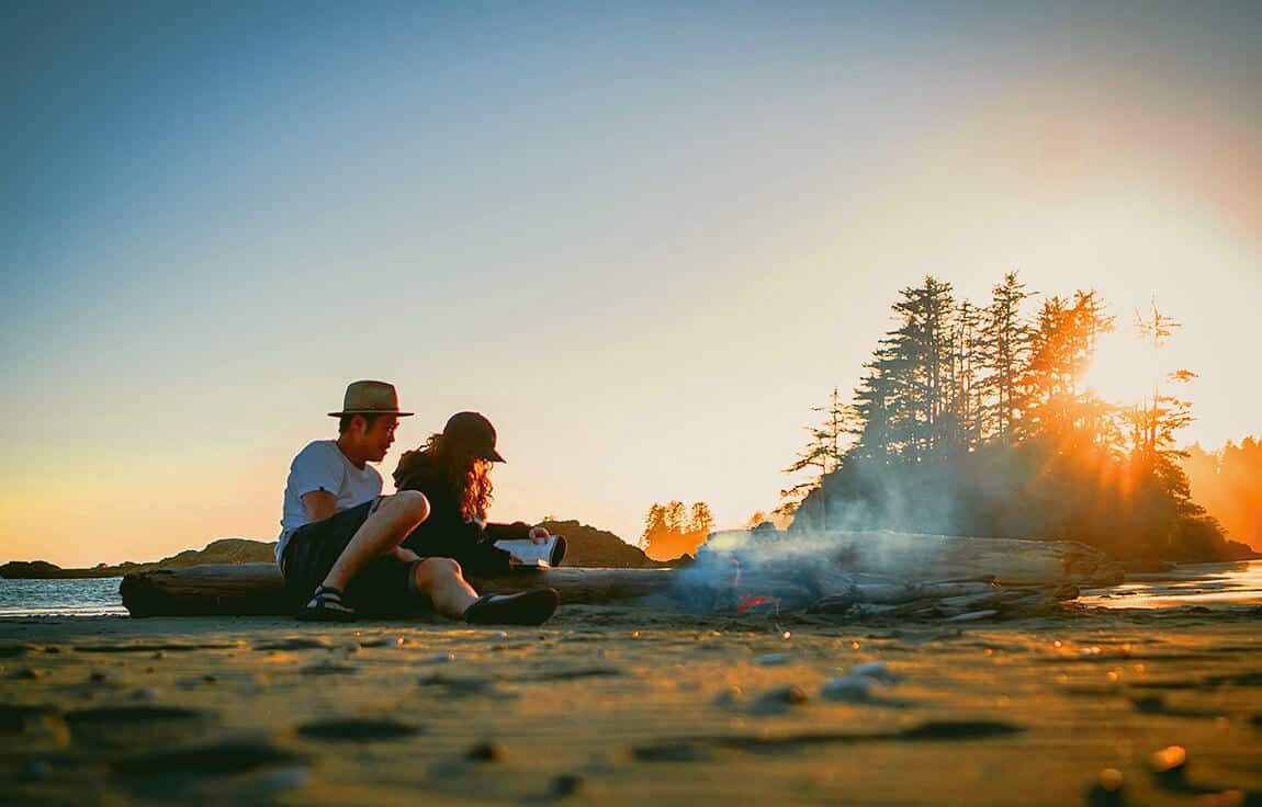 Couple sitting beside a camp fire