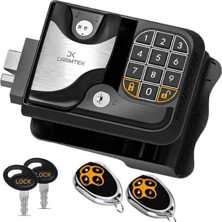 A black keyless RV keypad lock plus two keys and two keyfobs
