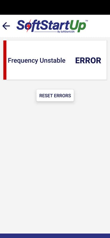 SoftStartUP app showing a frequency Unstable error.