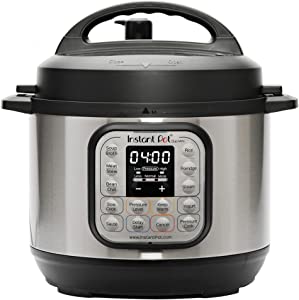 A silver and black instant pot.
