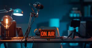 Live online radio studio desk with on air sign