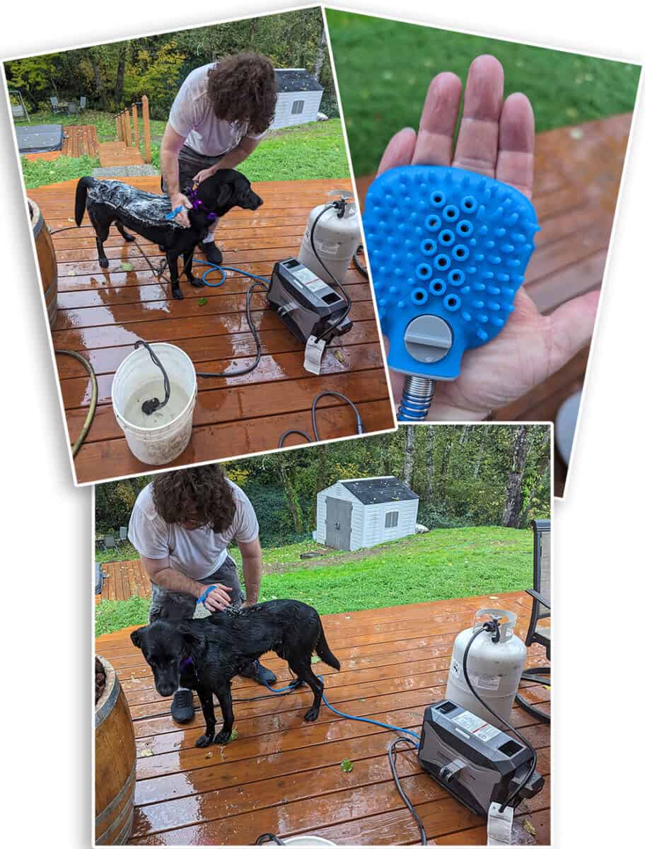Three phots of a man washing his dog with the InstaShower Go Pro pet washing attachment.
