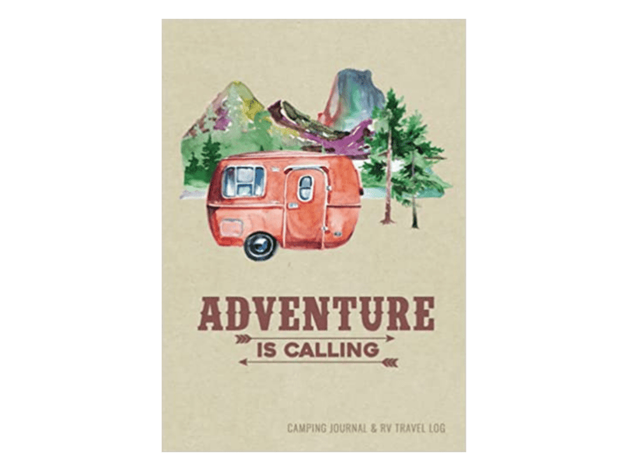 The cover of a journal for RV camping with the words “Adventure is Calling.”