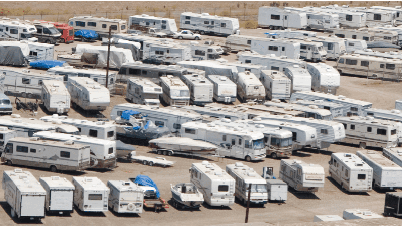 RVs and travel trailers being stored for the off-season