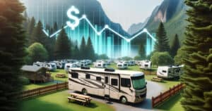Digital image of an RV park with various campers, set against mountains, overlaid with a transparent financial graph.