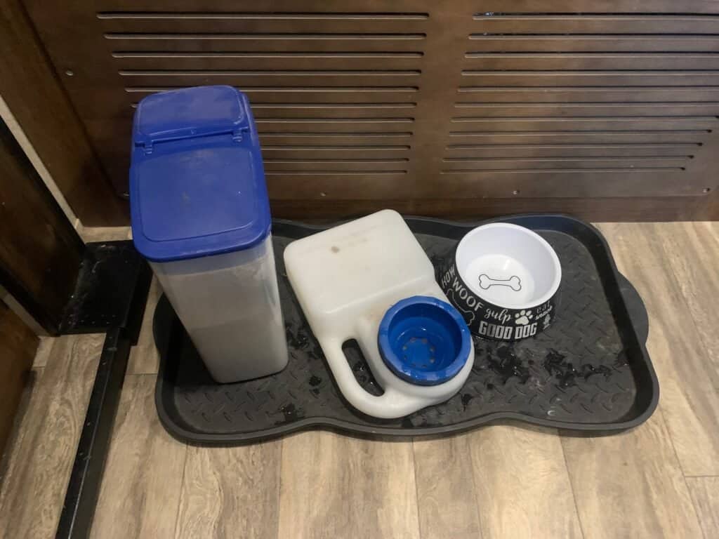 A shoe mat with dog's water and food bowls