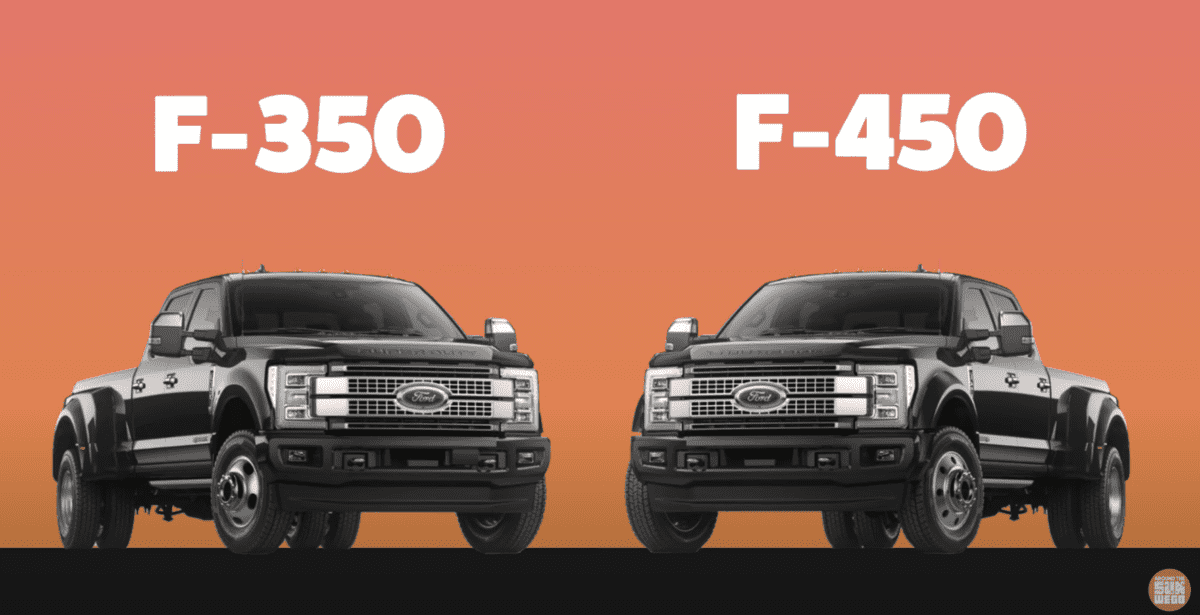 graphic showing F350 vs F450 comparing which would be the best truck for towing.