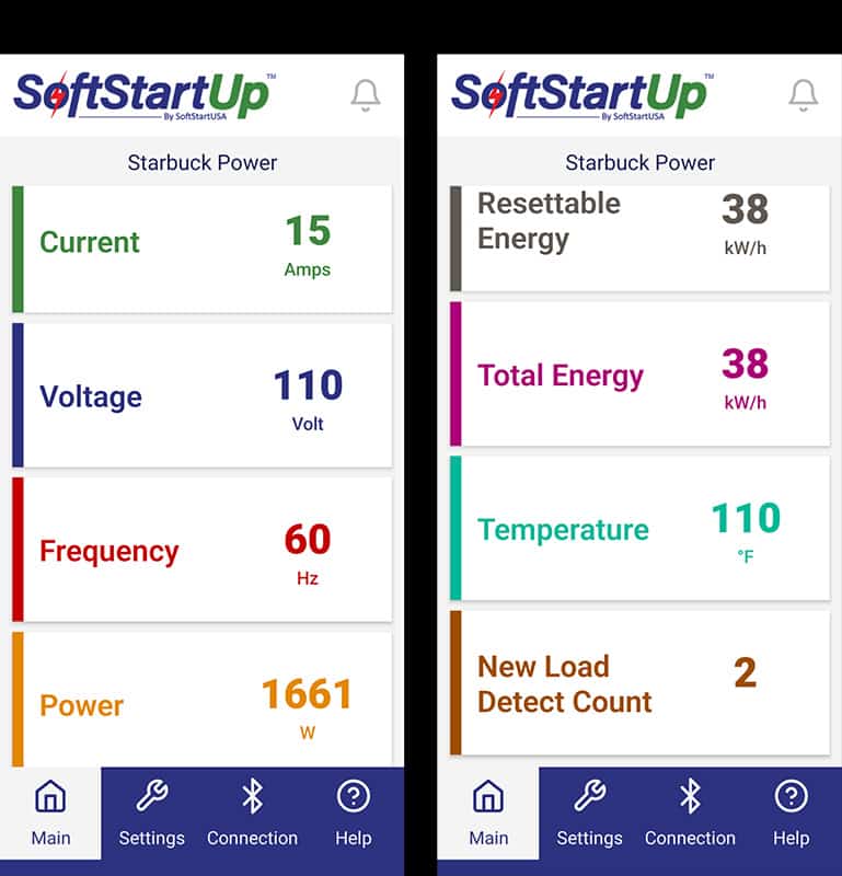 The SoftStartUP app displaying current, voltage, frequency, power, total energy, and new loads.
