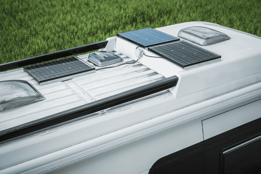 An RV roof with solar panels on it