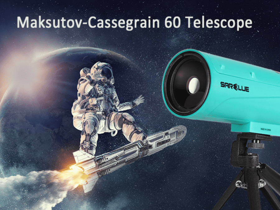 A light blue portable telescope with an astronaut surfing through space in the background.