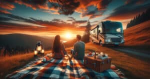 An RVing couple enjoying a campsite Valentine's