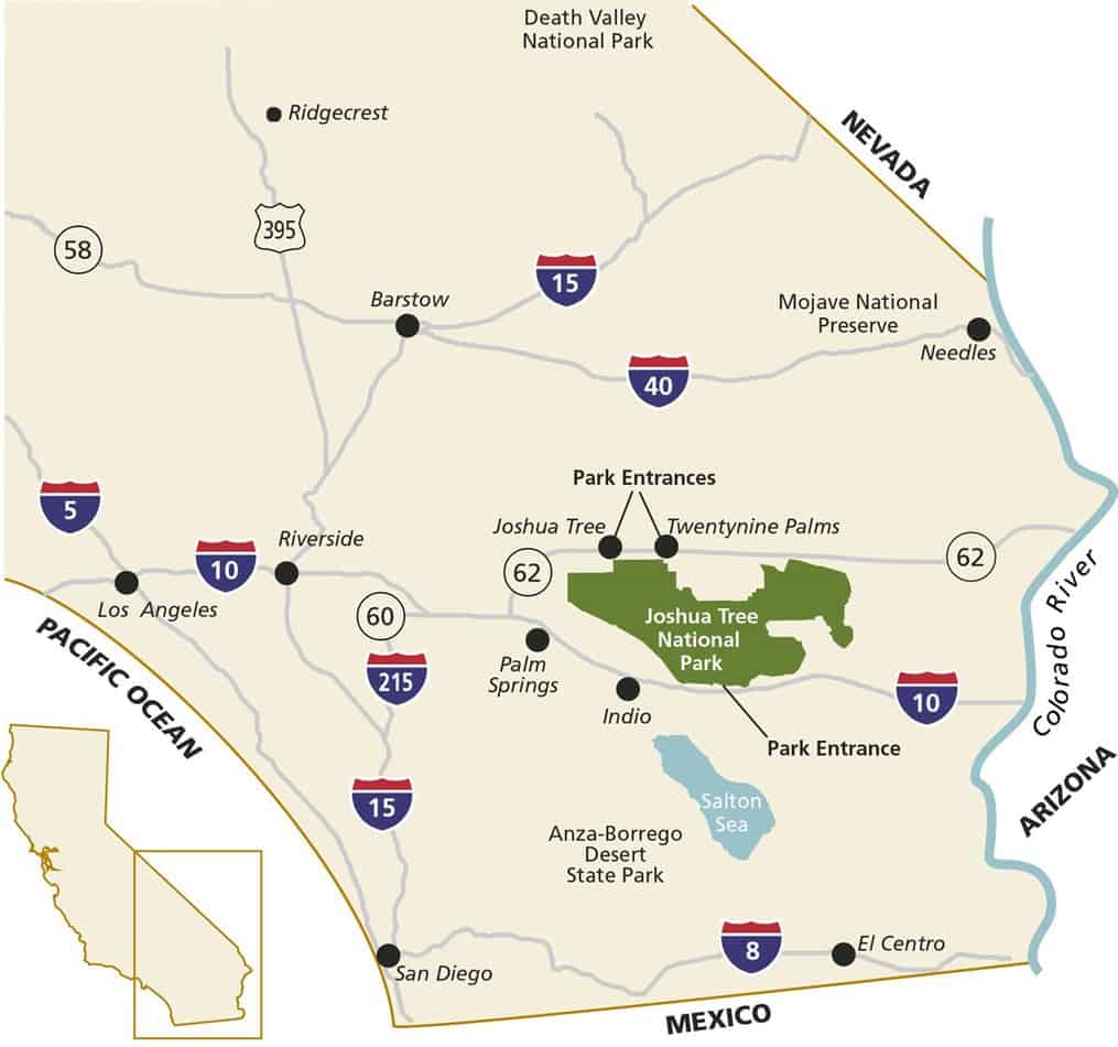 Map pinpointing the three entrances to Joshua Tree National park.