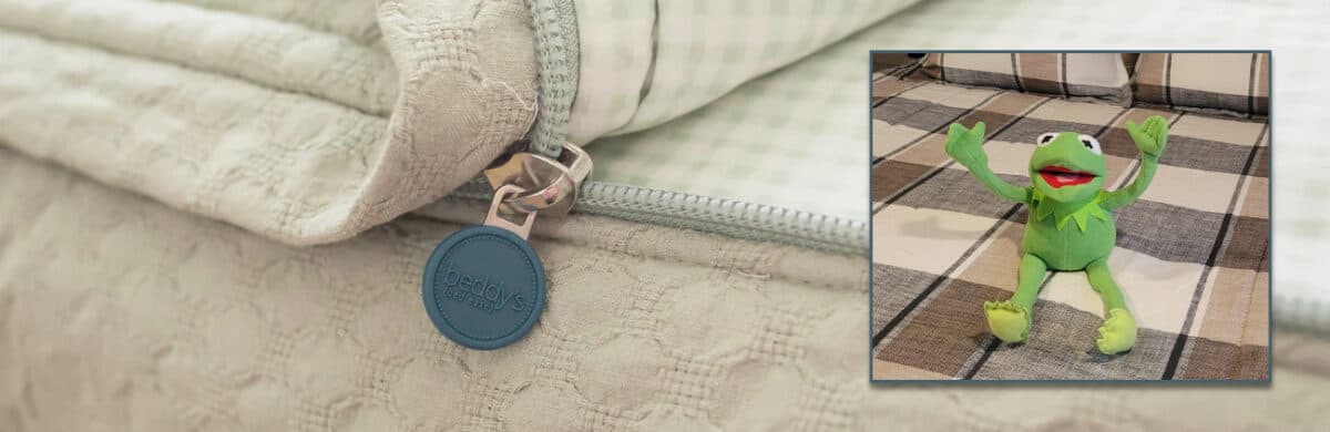 A zippered Beddys comforter on an RV bed replaces the standard RV fitted sheet.