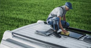 A man cleaning an RV roof