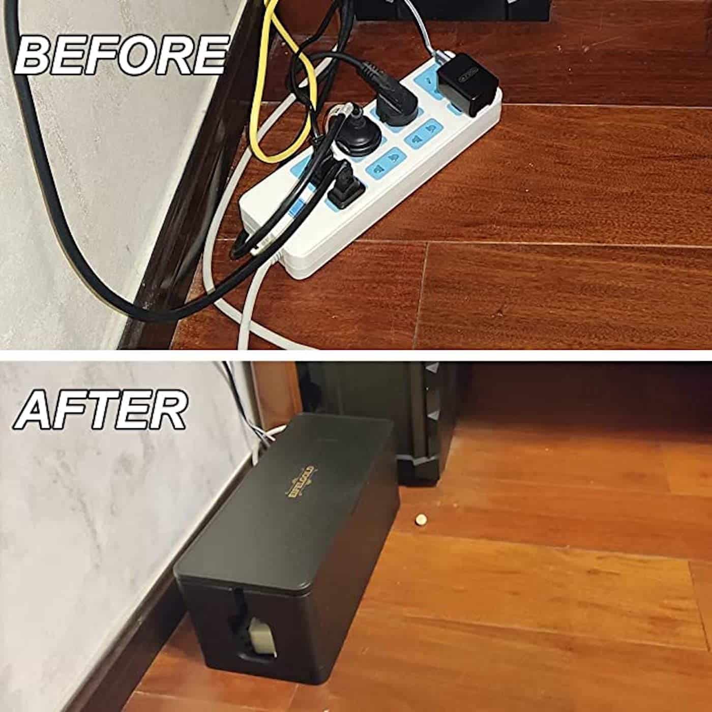 Before and after pictures with one showing electrical cords on a surge protector on a wood floor, and one photo with cords housed inside a rectangular cable storage box
