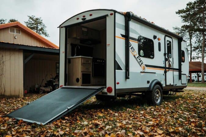 The Forest River Rockwood Geo Pro G19FBTH with the rear door down