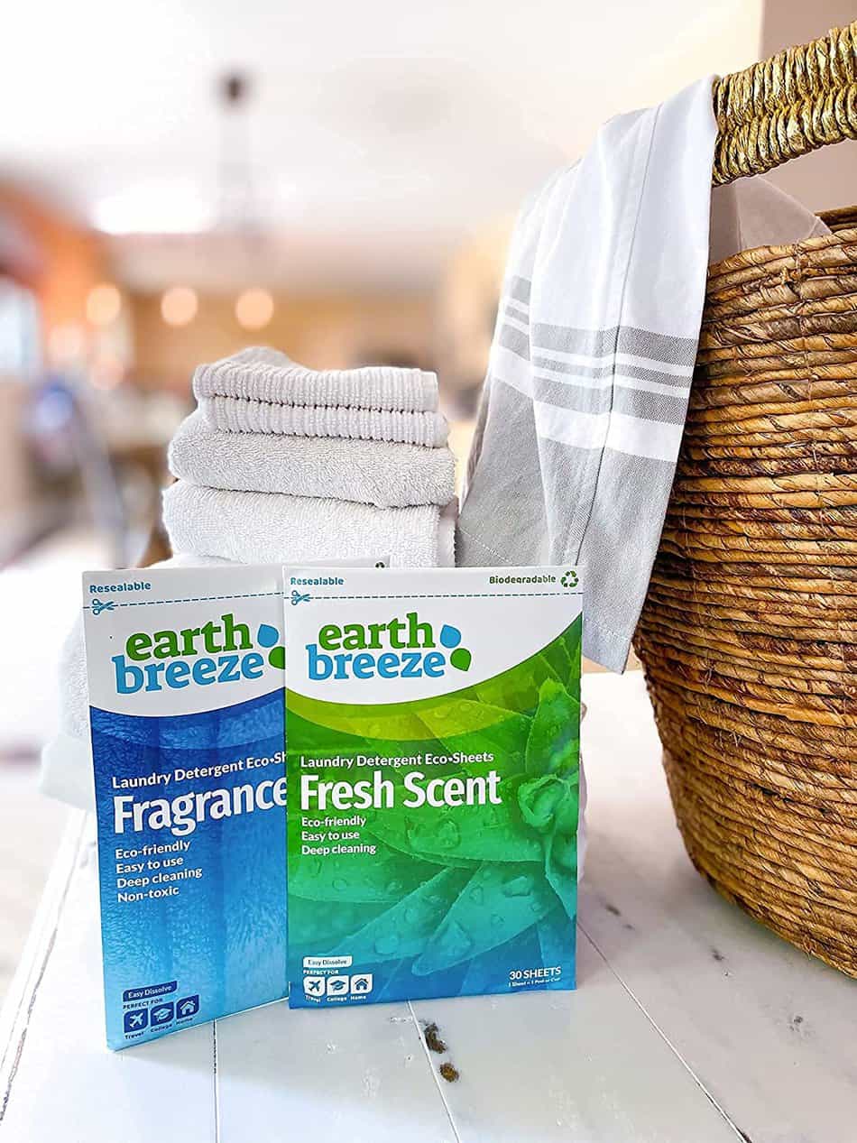 Earth Breeze Laundry Strips next to basket in laundry room