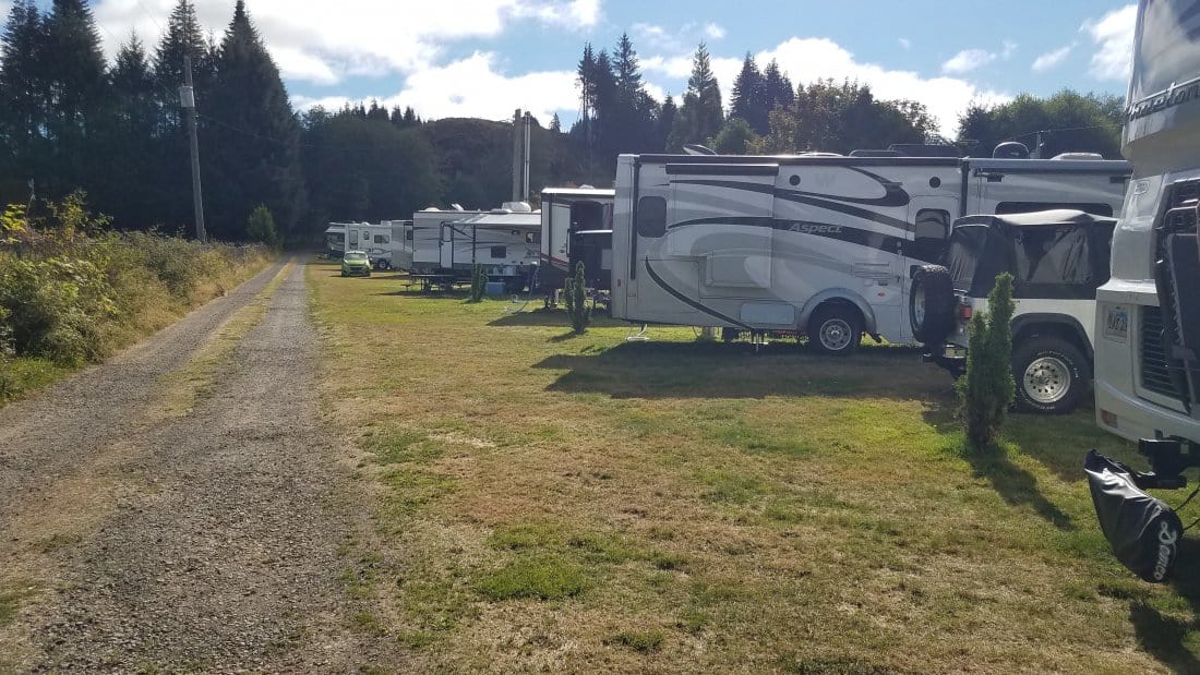 A line of RVs at Forks 101 RV Park