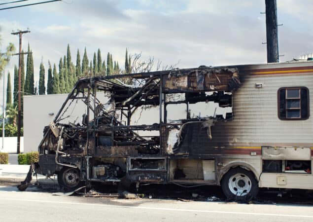 Charred and destroyed motorhome from a fire.