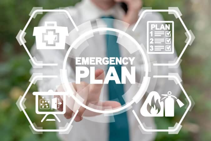 Round emergency plan logo in the center with planed items surrounding it - RV fire escape