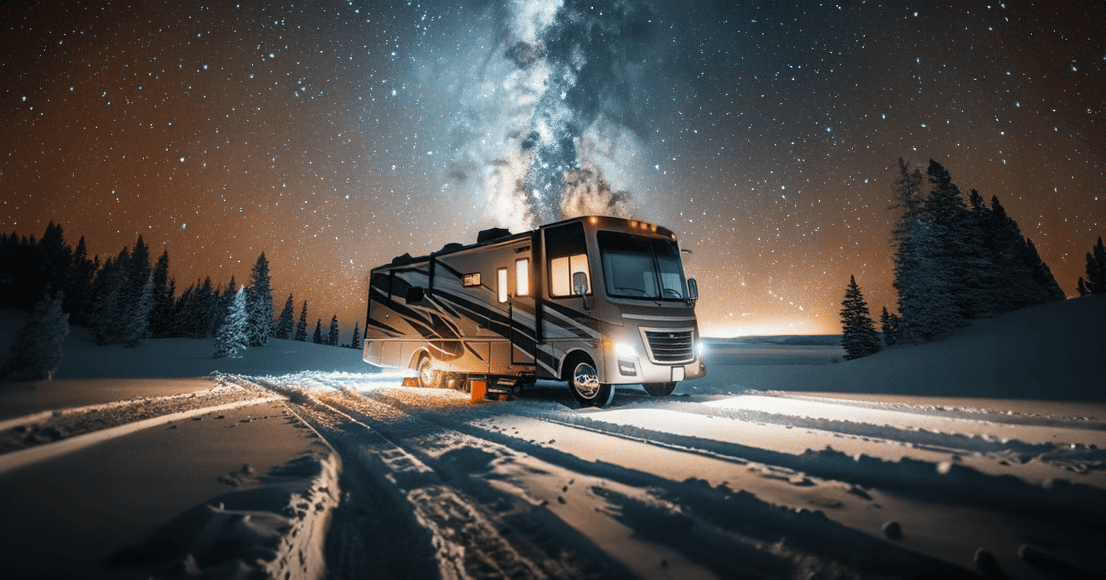 An RV parked amidst a snowy landscape under a breathtaking starlit sky with the Milky Way galaxy overhead.
