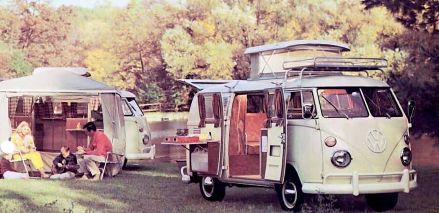 Off-white Sportsmobile VW campervan from the 1960s  